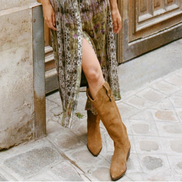 Zara sandy brown knee high split leather cowboy boots NWT - Picture 1 of 10